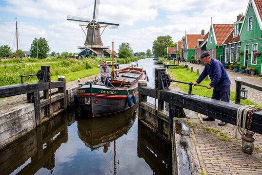 Traditional Wooden Canal Lock (Sluis) in Operation