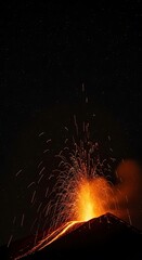 Volcanic eruption at night landscape scene.