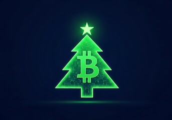 Fototapeta premium Green Christmas tree shape with a bitcoin symbol and star on top. Cryptocurrency concept for digital currency investment.