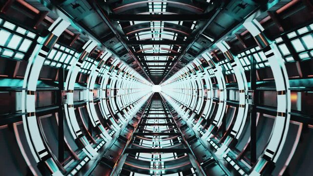 Futuristic Sci Fi Spaceship Corridor With Neon Lights And Metallic Symmetrical Architecture