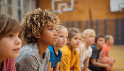 Fototapeta premium Diverse Group Of Students Engaging With Sports Teacher In Physical Education Class At School Gym, Representing Multiple Ethnic Backgrounds.