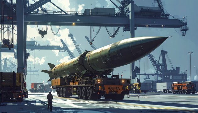 Massive ballistic missile being loaded onto a specialized heavy transport vehicle at an industrial port with large cranes
