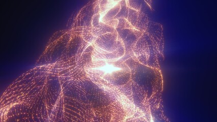 A striking abstract visual of flowing orange and red particles forming a fiery energetic pattern illuminating a dark background with warmth and intensity, video in high quality 4k, motion design © Bolbik