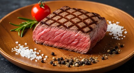 A grilled medium-rare beef steak on a wooden plate with seasonings and garnish, captured with ultra-detail realism