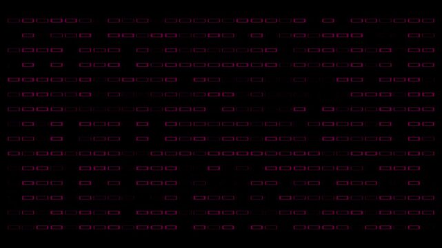 Magenta digital dash row animation with horizontal dotted lines and sparse noise on black