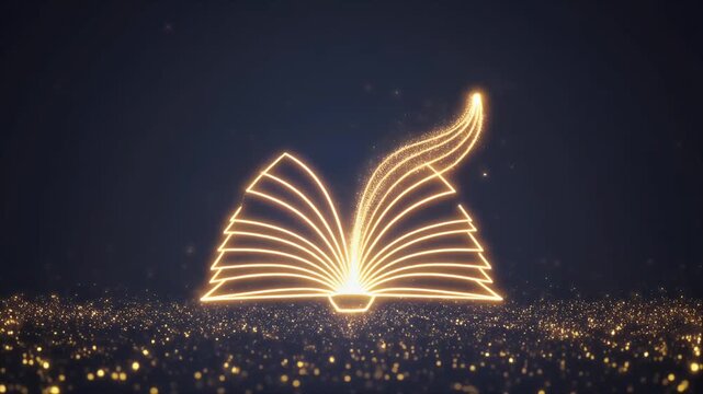Golden light particles swirling in dark space with glowing lines