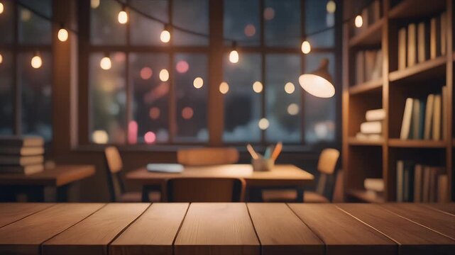 Cozy library interior with wooden table and warm lighting