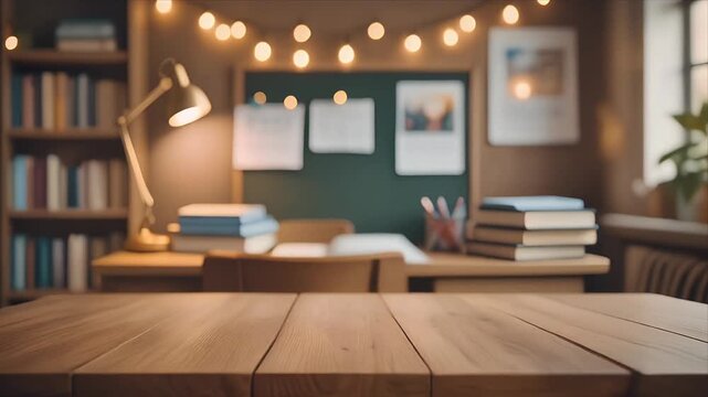 Cozy classroom with wooden desk and warm lighting