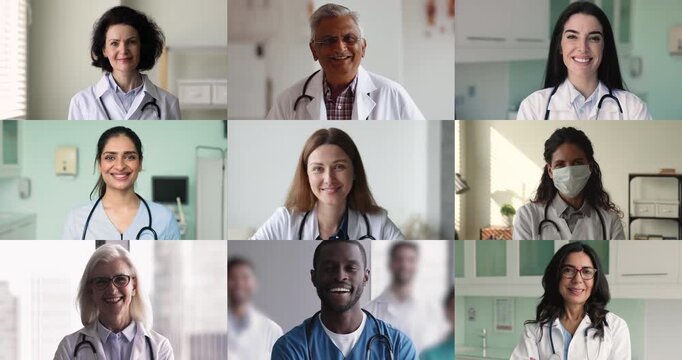 Senior and young doctors of different races wearing uniforms, posing in hospital for head shot portraits, looking at camera, smiling. People in medicine, medical occupation, profession collage