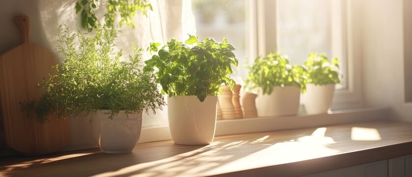 Potted herbs on kitchen countertop in sunlight