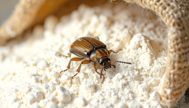 Brown dermestid beetle crawling on white flour in a burlap bag close-up macro shot capturing detailed texture and pest control concept food contamination