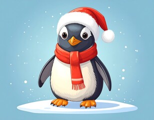 Fototapeta premium Cute Penguin in Santa Hat on Snow