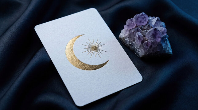 Single oracle card with moon phase design next to amethyst crystal