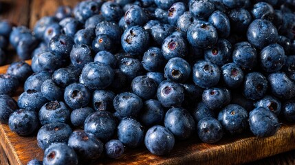 Fresh blueberries on a wooden surface closeup view for healthy food concept