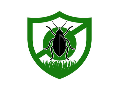 Prohibition parasitic insects - Prohibited insect sign - Green Shield Logo with Black Beetle and Prohibition Circle Over Grass