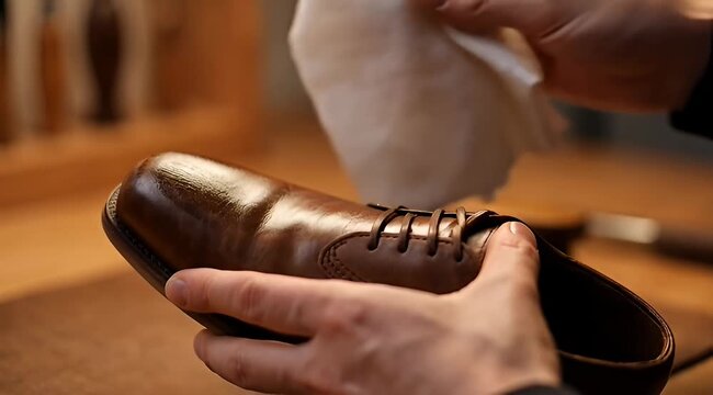 Close up of a person's hands polishing a brown leather shoe