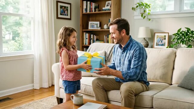 A father receives a gift with a large ribbon from his little daughter in the living room
