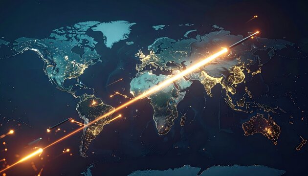 Animated global map illustrating ballistic missile launch paths across continents and oceans