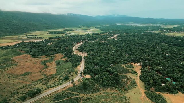 Cinematic drone aerial view of a winding road through lush tea gardens and forest hills in Jaflong, Sylhet, Bangladesh. Peaceful countryside landscape with clouds gathering