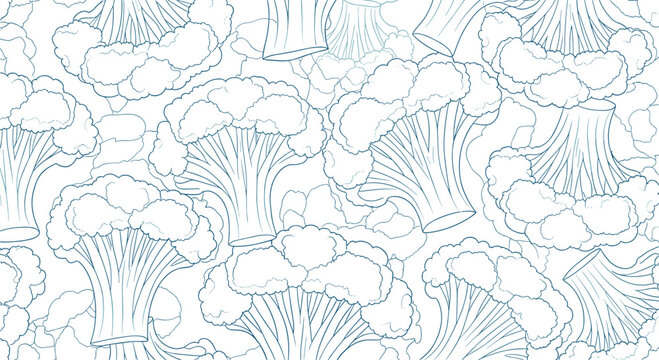 Intricate seamless pattern filled with detailed line art drawings of fresh broccoli florets overlapping each other in a clean minimalist style.