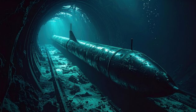 Ballistic missile submarine preparing for underwater launch, showcasing powerful military technology in the deep sea
