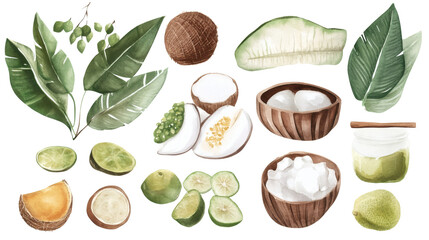 Assortment of Southeast Asian snacks and grilled meats arranged on banana leaves and bowls, colorful dipping sauces and lime wedges, watercolor style