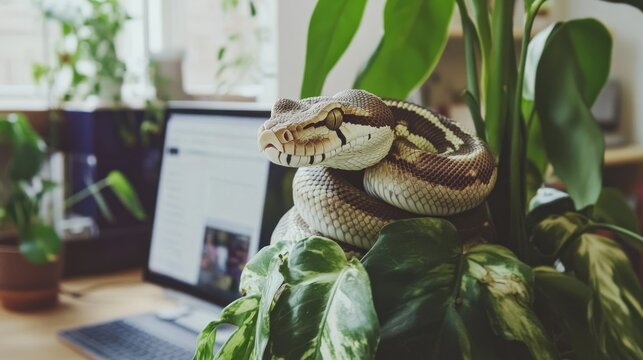 Ball python resting on plant near computer