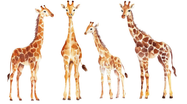 Four watercolor giraffes standing in a row on white background, playful illustration with warm orange and brown tones