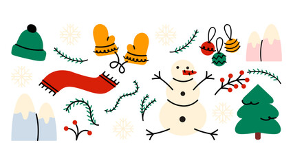 Fototapeta premium Christmas winter sticker set in playful cartoon doodle style. Cute holiday icons with snowman, mittens, scarf, Christmas tree, ornaments and snowy mountains. 