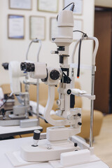 Slit lamp biomicroscope standing in an ophthalmology clinic, ready for vision health eye examination