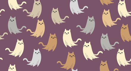 Obraz premium Whimsical pattern of cute cat ghosts in various shades of beige, grey, and white floating on a dark purple background.