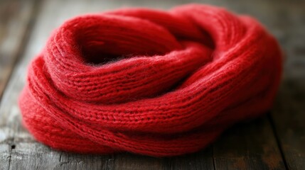 Red knitted scarf on wood winter fashion