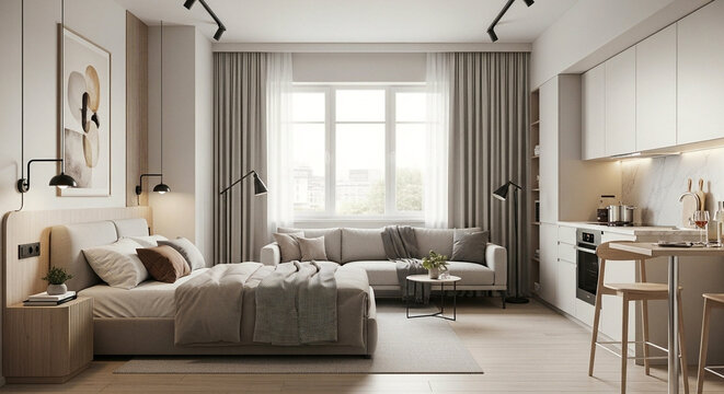 Modern minimalist studio apartment interior with elegant design and comfortable living space