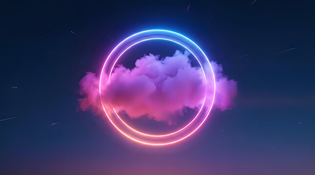 Vibrant neon glowing double circle frame with fluffy pink and purple cloud against a dark blue night sky, perfect for modern graphic design, futuristic backgrounds, and abstract digital art.
