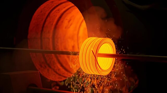 Tracking forward to glowing orange coil as it pulls from the furnace in metal working process