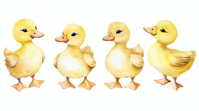Three adorable yellow ducklings standing side by side on white background, watercolor illustration with soft fluffy textures and warm tones