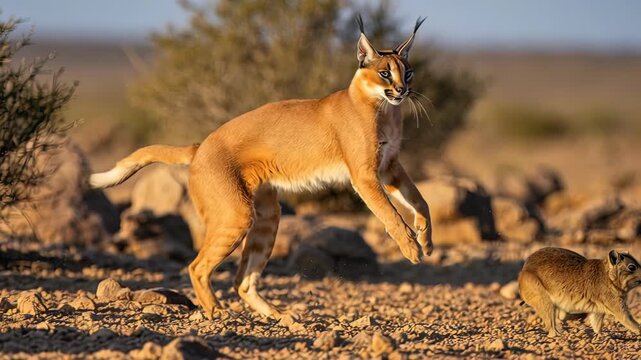 Caracal chases rock hyrax across rocky terrain in wild