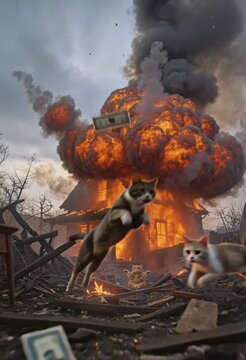 Orange Cat Calmly Meditating In Front Of A Burning Wooden House, Shot As A High-End Action Movie Trailer. The Camera Starts With A Tight Cinematic Close-Up