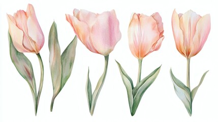 Obraz premium Four pale yellow watercolor tulips with green leaves on white background, delicate botanical arrangement