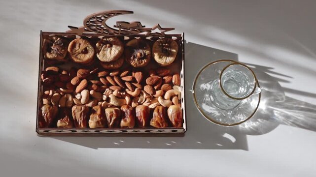 Wooden Ramadan tray with various dried fruits and a glass of water on the table.