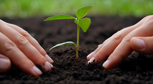 Person carefully planting a young seedling in fertile soil with green background