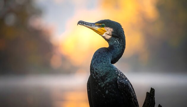 A close-up shot of a cormorant with shiny dark plumage. The bird is against a blurred backdrop of a fogged body of water and autumn foliage