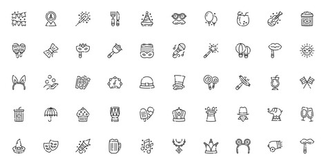 Carnival icon set. Vector illustration pack. Includes garlands, party, sparkler, balloon, mask, magic wand, tickets, costume, crown, music and more. Editable stroke. © wang