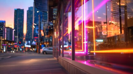 Cityscape at Dusk with Neon Lights Reflections