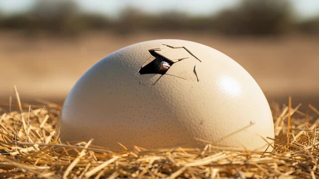 Ostrich egg hatches as a fluffy chick breaks through the shell and peeks out in sunlight
