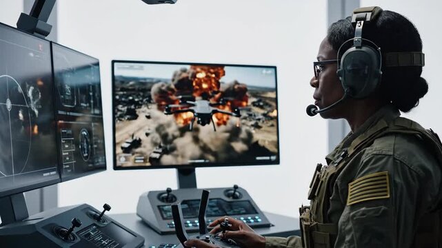 Military drone operator controlling unmanned aerial vehicle strike