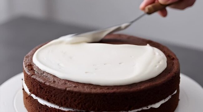 Closeup of a chocolate layer cake being frosted with white frosting