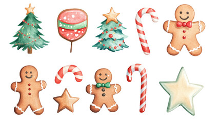 Naklejka premium Watercolor gingerbread cookies and candy canes arranged on transparent background; festive Christmas sweets collage with smiling gingerbread men, stars, tree, and striped candy canes