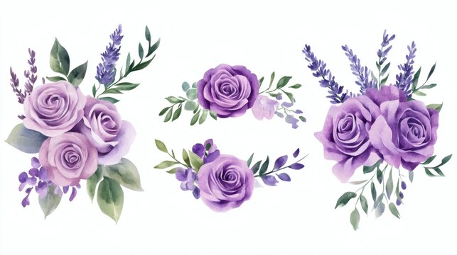 Delicate watercolor arrangement of purple roses and lavender sprigs on white background