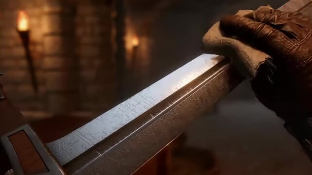 Worn leather gloves clean a heavy steel longsword with oil in dimly lit room